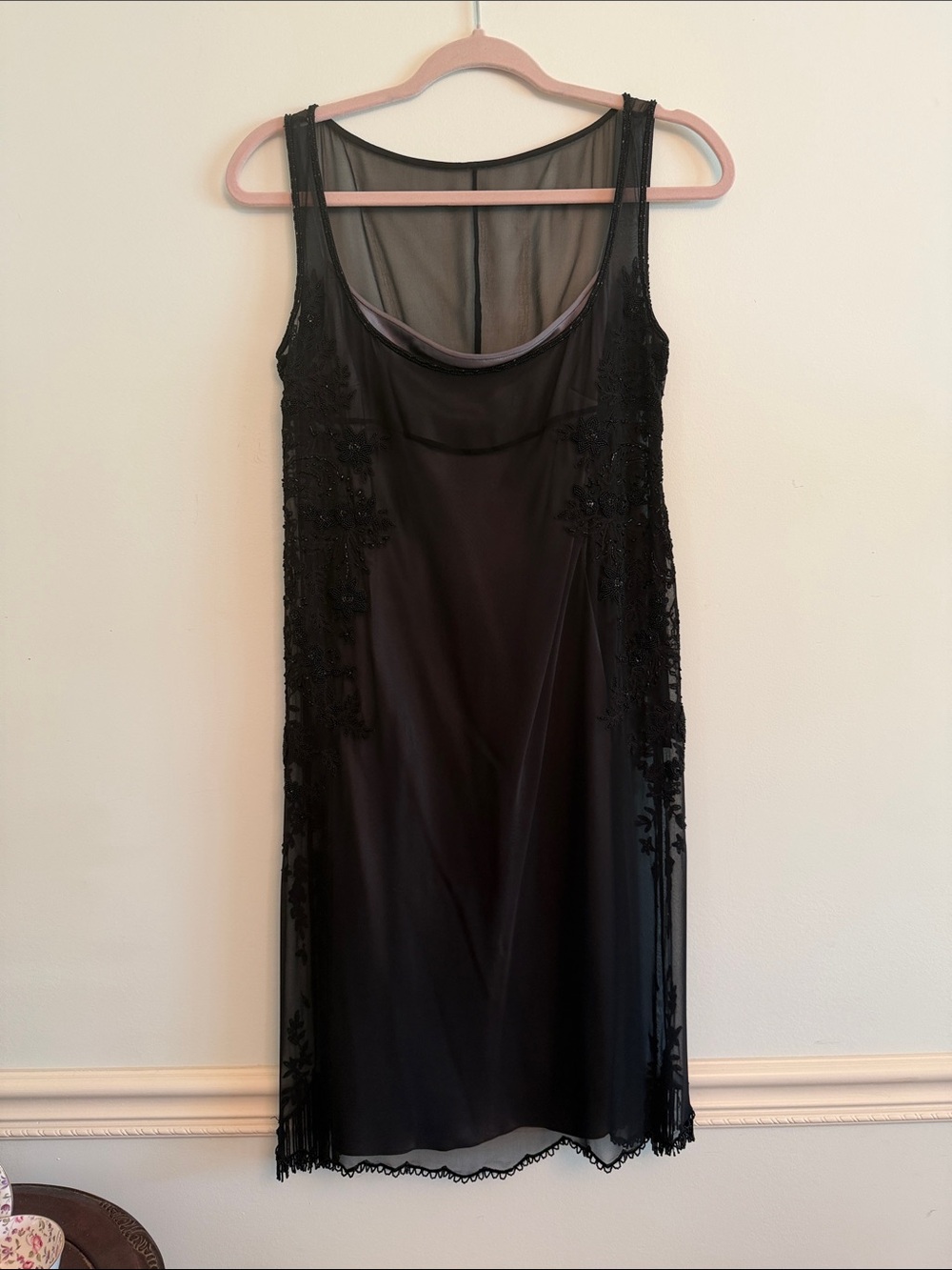 Tahari Black Sheer-Panel Lace Trim Slip Dress